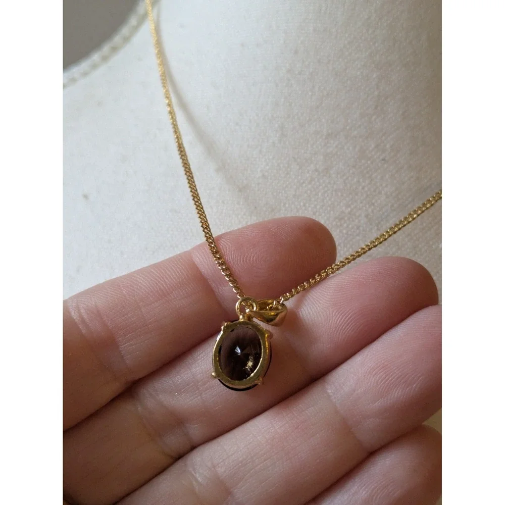 Dainty Pendant Necklace Gold Tone & Dark Smoky Brown Classic Everyday Wear 14